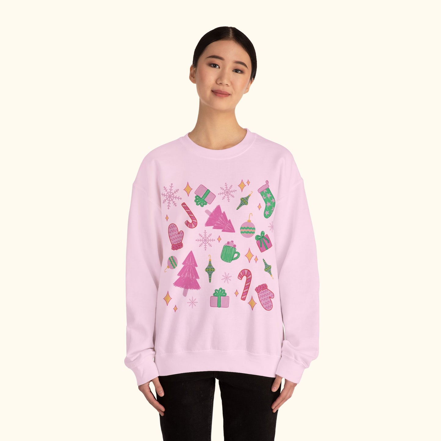 Pink and Green Christmas Unisex Heavy Blend™ Crewneck Sweatshirt | Cute Retro Illustration Style Top