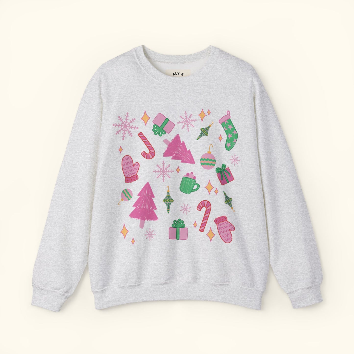 Pink and Green Christmas Unisex Heavy Blend™ Crewneck Sweatshirt | Cute Retro Illustration Style Top