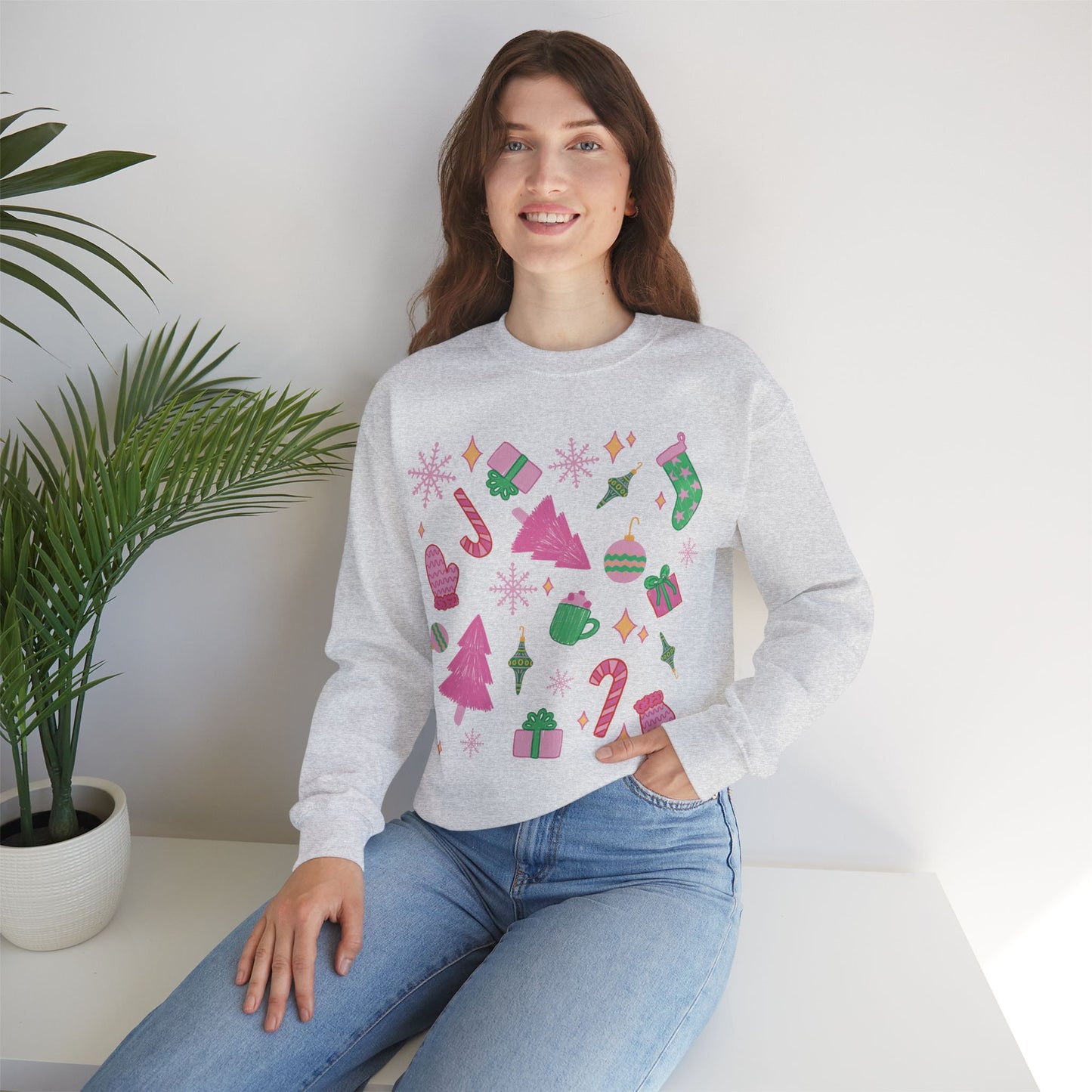 Pink and Green Christmas Unisex Heavy Blend™ Crewneck Sweatshirt | Cute Retro Illustration Style Top