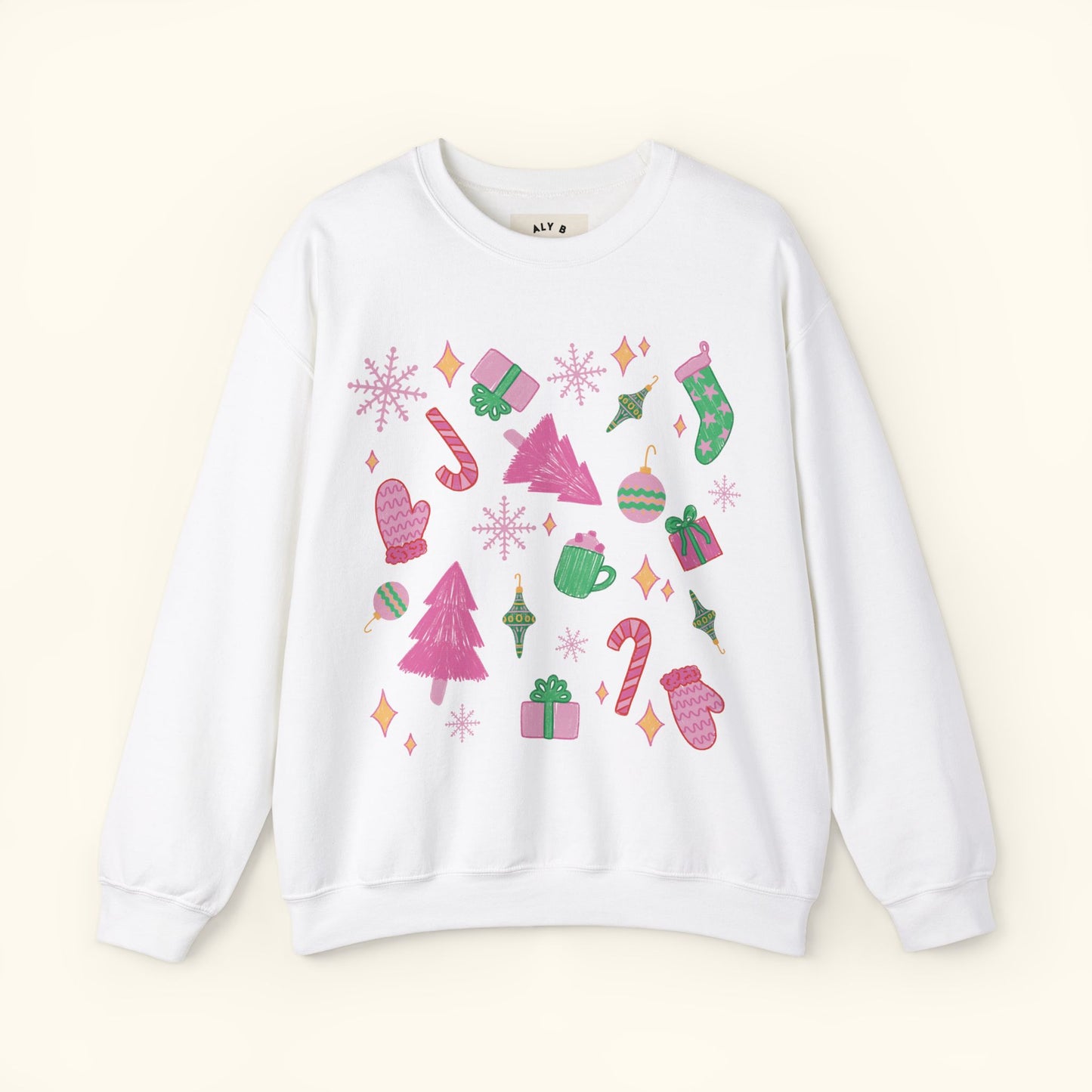 Pink and Green Christmas Unisex Heavy Blend™ Crewneck Sweatshirt | Cute Retro Illustration Style Top