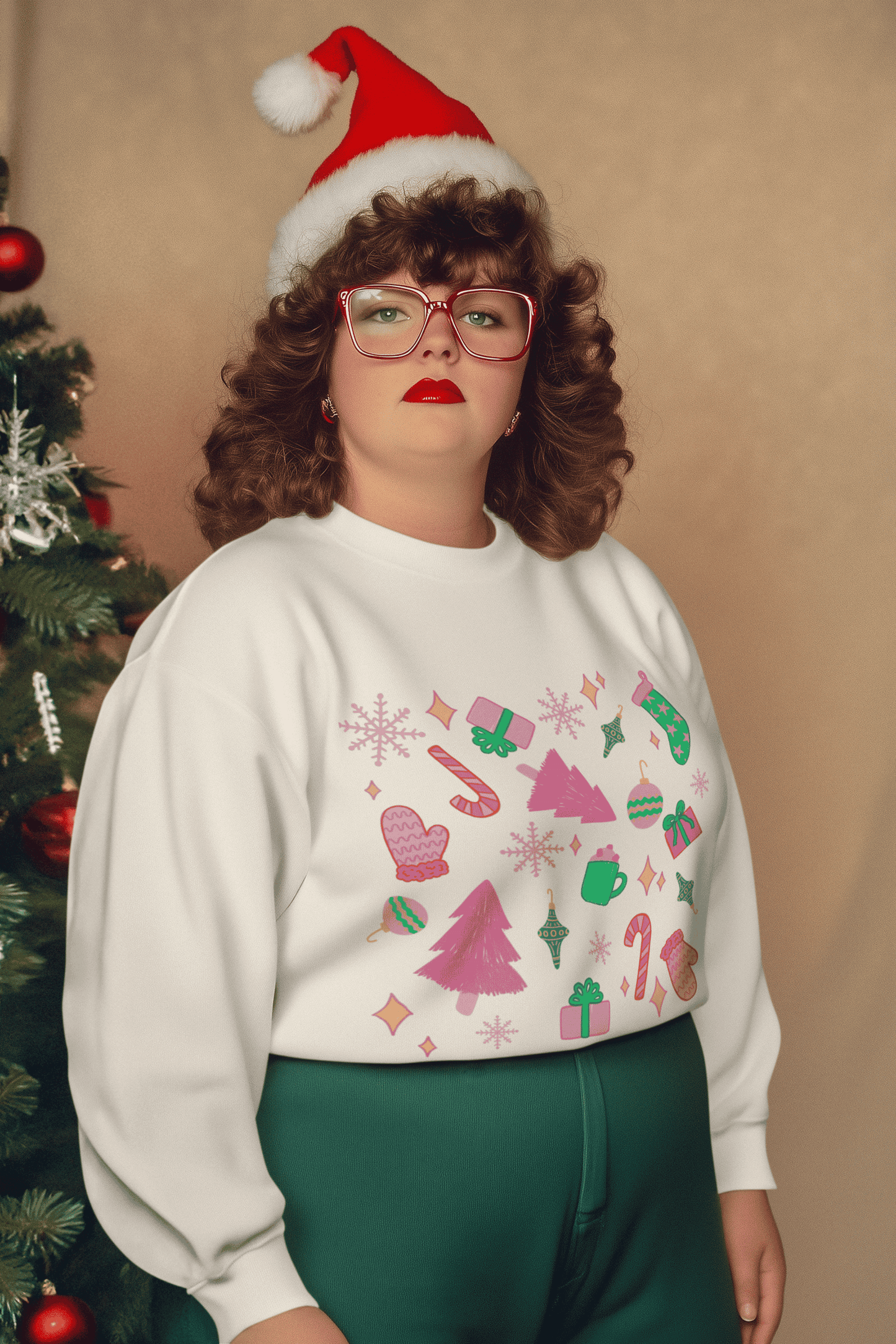 Pink and Green Christmas Unisex Heavy Blend™ Crewneck Sweatshirt | Cute Retro Illustration Style Top