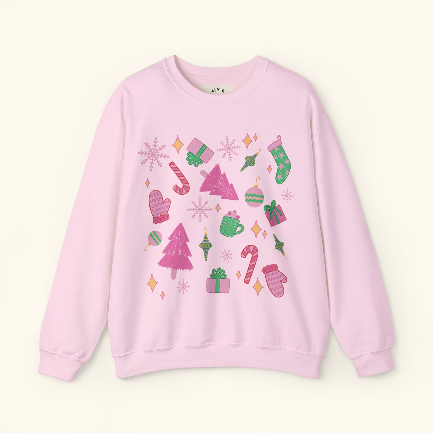 Pink and Green Christmas Unisex Heavy Blend™ Crewneck Sweatshirt | Cute Retro Illustration Style Top