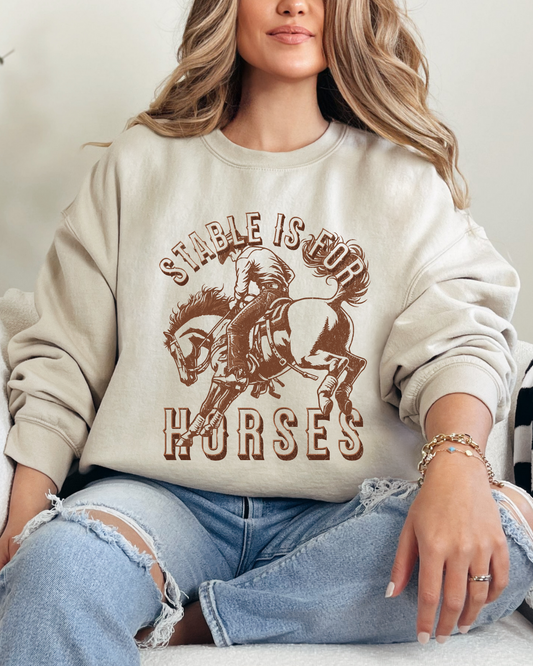 Woman wearing a beige sweatshirt with 'Stable is for Horses' graphic sitting on a couch.